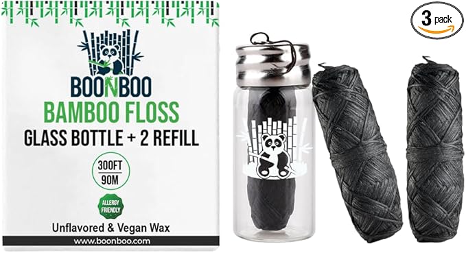 BOONBOO Dental Floss, Charcoal Woven Thread, Glass Bottle and 2 Heads Refill, Unflavored