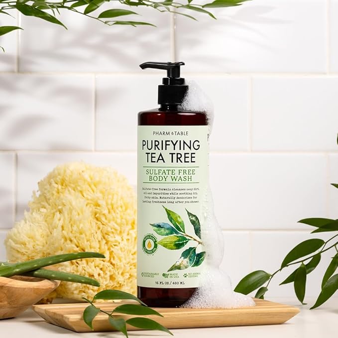 PHARM TO TABLE Soothing Tea Tree Body Wash Sulfate-Free Shower Gel – Nourishing Hydration Soothes Dry, Itchy Skin - Infused with Tea Tree oil, Mint, Vitamin E & Aloe, 16.2oz