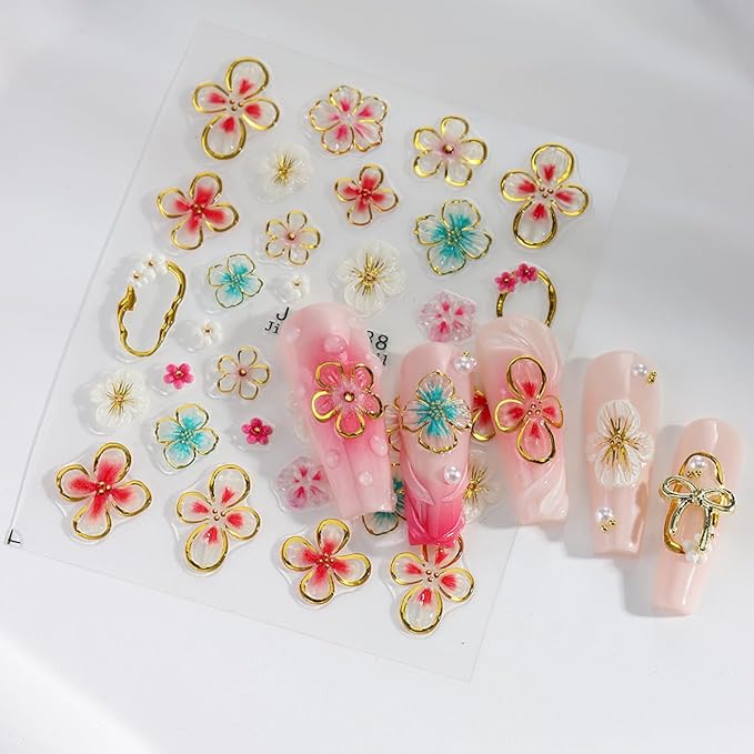 4 Sheet Flower Nail Art Stickers 5D Embossed Nail Decals Spring Nail Flower Stickers Colorful Floral Nail Art Design Gold 3D Self-Adhesive Acrylic Nails Art Supplies for Women Girls