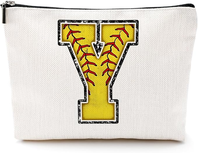 CQM Softball Gifts Initial Makeup Bag Monogrammed Cosmetic Bag Letter Y Zipper Pouch Softball Accessories for Girls Women Player Coaches Friend Graduation Birthday Gifts