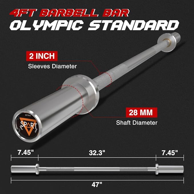4FT Olympic Barbell Bar 47Inch Straight 2 Collars, 500Lbs Capacity 2 Inch