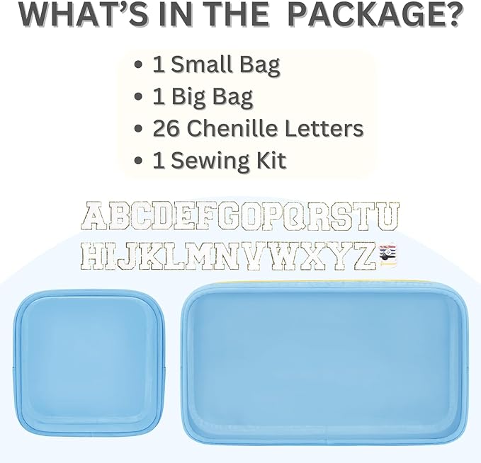 GODEAGLE 2PCS Personalized Preppy Makeup Bag Set, Small Makeup Pouch & Large Cosmetic Bag, Premium 26 Chenille Letters, Cute Skincare Bag, Birthday Gifts for Girls Woman (Blue)