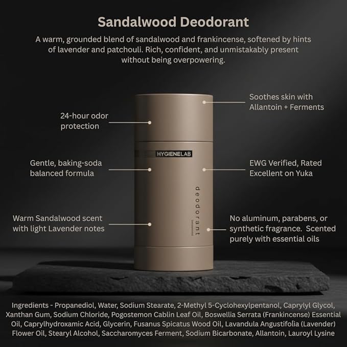 HygieneLab Men’s Deodorant – Aluminum-Free, 24-Hour+ Odor Protection, EWG Verified, Smooth Glide Application, Powered by Essential Oils, Premium Sandalwood Scent