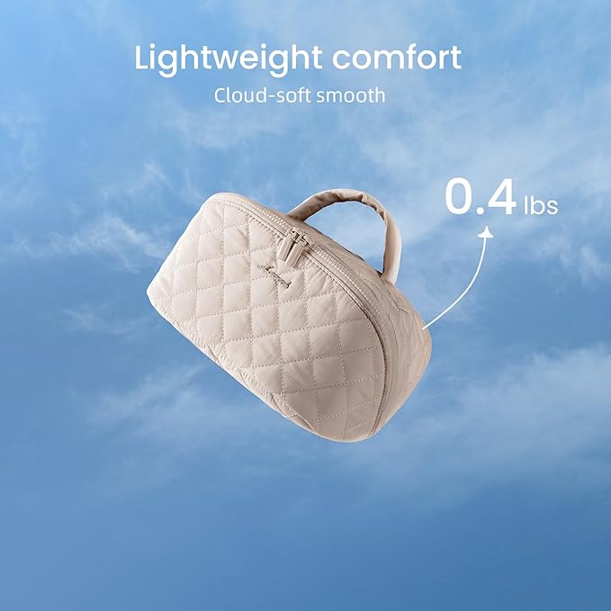 LOVEVOOK Travel Makeup Bag for Women, 2Pcs Puffer Waterproof Cosmetic Organizer, Large Capacity Pouch Open Flat Small Toiletry Bag with Brush Compartment & Handle (Light khaki, Small)