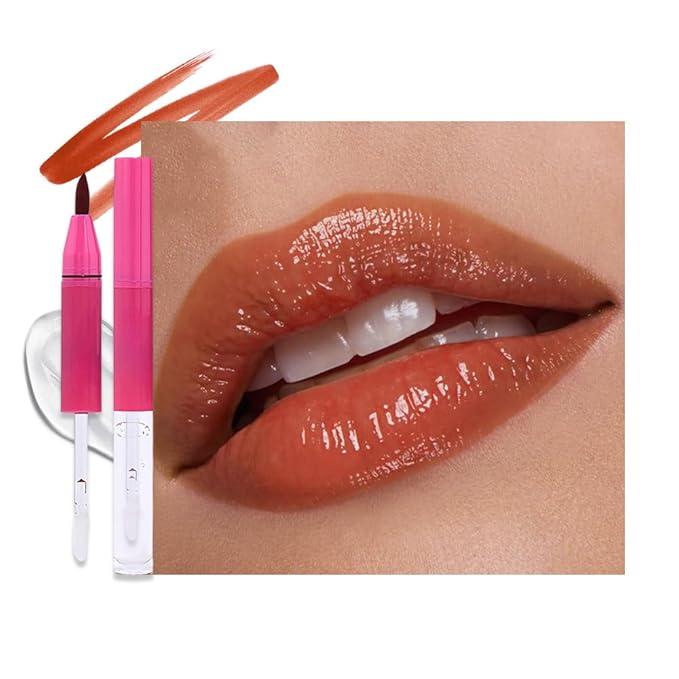 evpct ‌Caramel Red Matte Liquid Lipstick Marker Pen Lip Liner Set with Lip Oil, 2 in 1 Lipgloss Lipstick Long Lasting Waterproof for Women, Longwear Lips Stain 24hr Original Smudge Proof labial