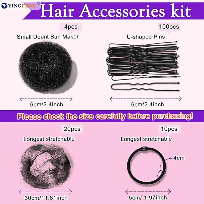 YINGFENG 134 Pcs Black Hair Bun Maker Kit for Kids Small - 4 Hair Donuts for Buns, 20 Hair Nets for Buns, 100 U Shaped Bobby Pins, 10 Hair Bands, for Girls, Ballet Dance, Hair Accessories for Women