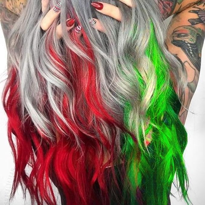 Colored Hair Extensions 10 PCS, Colorful Party Highlights Clip in Long Synthetic Hairpieces, Red and Green Hair Extensions for Girls Women Kids Cosplay Gifts 22 Inch
