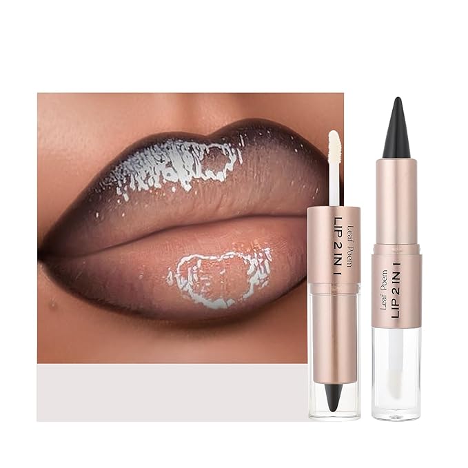 2-in-1 Double-Ended Matte Lip Liner & Lip Gloss Duo, Cool Nude Brown Ombre Lip Combo Pencil, Lip Liner and Lipstick Gloss Set for Defined & Fuller Looking Lips, #01 Cool Nude Brown