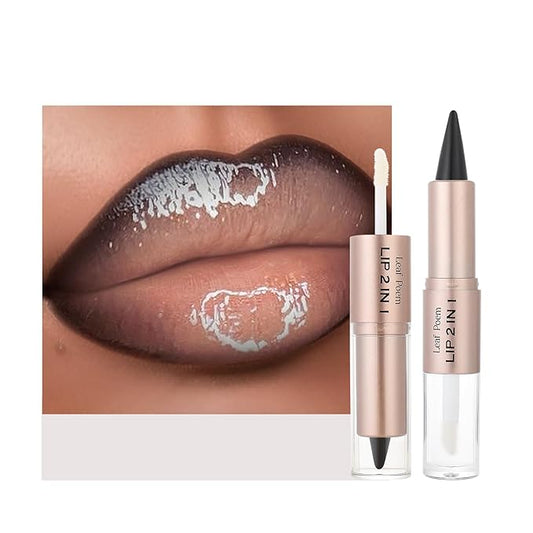2-in-1 Double-Ended Matte Lip Liner & Lip Gloss Duo, Cool Nude Brown Ombre Lip Combo Pencil, Lip Liner and Lipstick Gloss Set for Defined & Fuller Looking Lips, #01 Cool Nude Brown