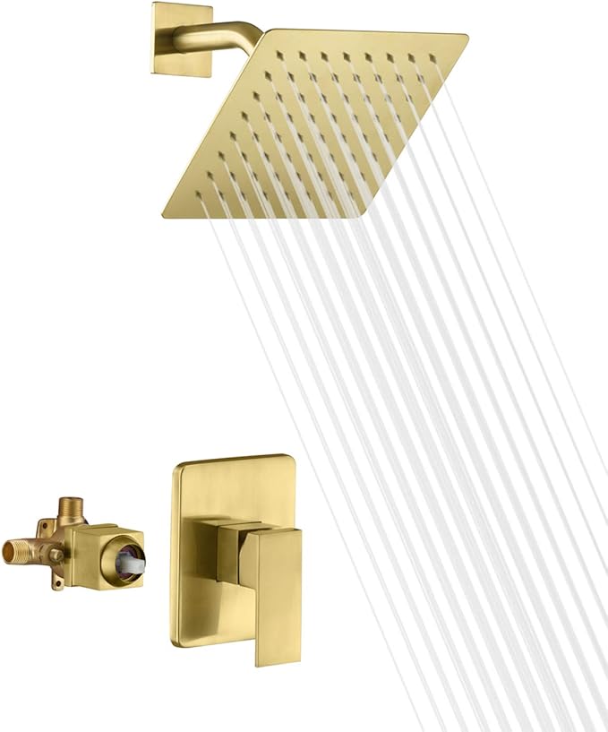 sumerain Pressure Balance Shower Faucet Brushed Gold Finish, 8" Square Rainfall Shower Head Including Rough-In Valve Body and Trim