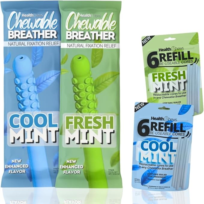 Chewable Breather Cool Mint & Fresh Mint Refill Set – Natural Aromatherapy Quit Vaping Aid, Nicotine-Free Craving Relief – Fidget Tool Chew Stick, Breathing Aid & Anxiety Support