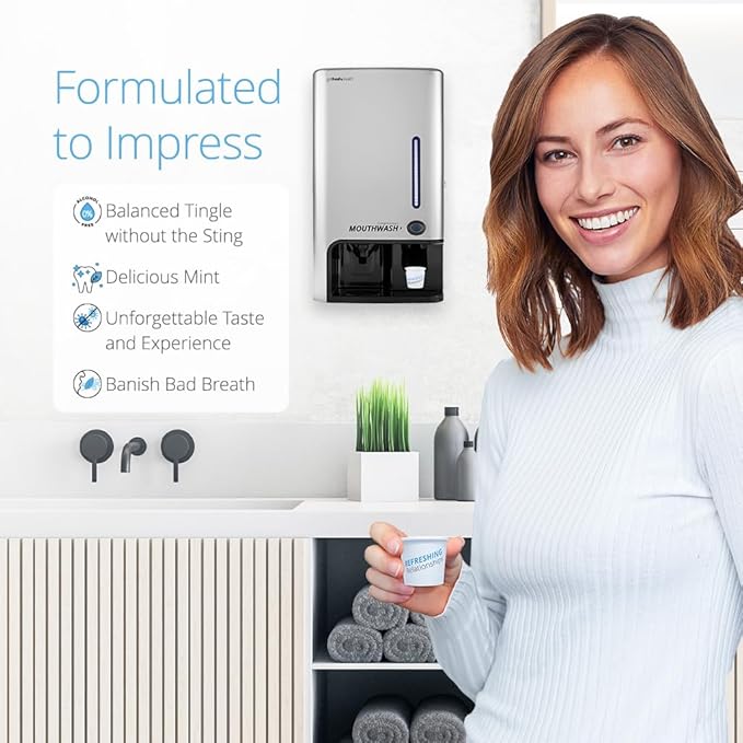 GotFreshBreath Commercial Mouthwash Dispenser with Cup Holder – Standing or Wall-Mounted, Slim, Commercial Mouthwash Dispenser with 100 Cups & 50 Oz. Alcohol-Free Mouthwash (Nickel)…