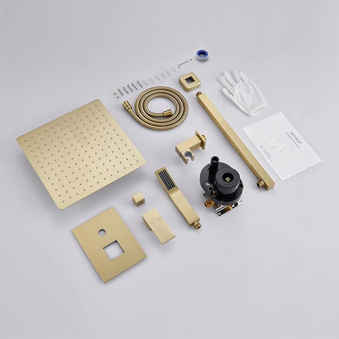 Artiqua Rain Shower System 12 Inches Shower Combo Set Brushed Gold Wall Mount Faucet Bathroom Faucets with Rainfall Shower Head and Hand Shower