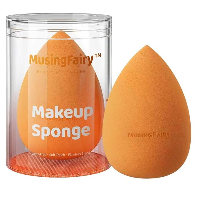 MusingFairy Makeup Blending Sponge with Travel-Friendly Acrylic Holder,Latex-Free Beauty Blender for Flawless Matte Finish, Easy to Clean,Orange 1 Pack