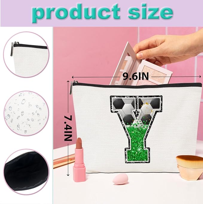 CQM Soccer Gifts Initial Makeup Bag Monogrammed Cosmetic Bag Letter Y Zipper Pouch Soccer Accessories for Girls Women Soccers Player Coaches Friend Soccers Stuff Graduation Birthday Gifts