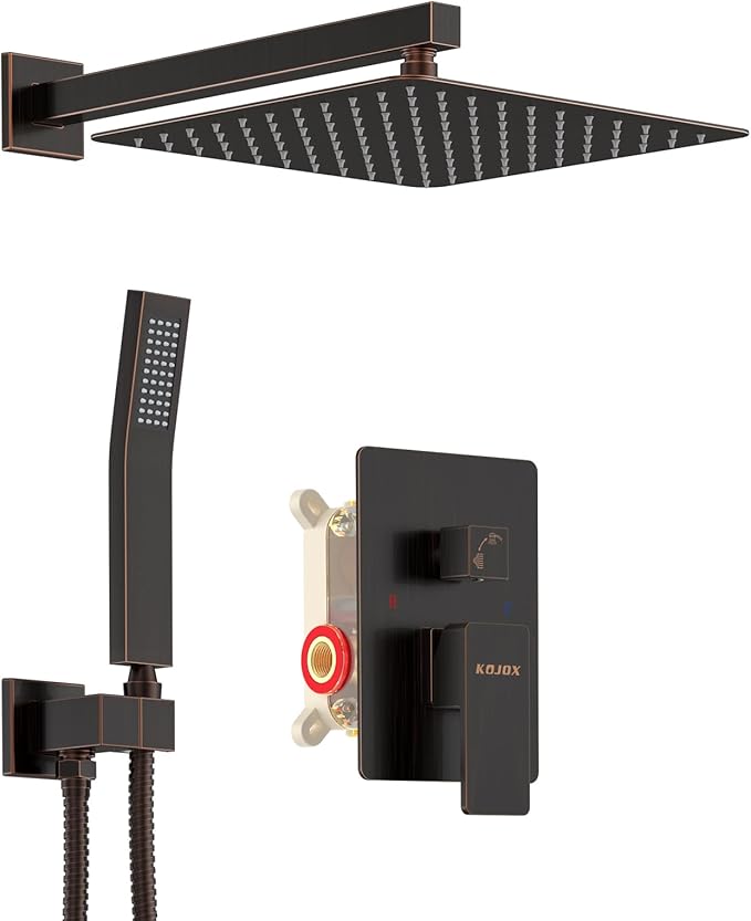 KOJOX Oil Rubbed Bronze Shower System with High Pressure 12 Inch Rainfall Shower Head, Handheld Shower head and Shower Faucet Trim valve, Bathroom Luxury Rain Mixer Shower Set Wall Mounted