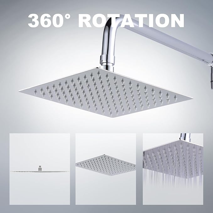12 Inch Rain Shower Head, High Pressure Stainless Steel Bath Shower, Ultra Thin Rainfall Showerhead Waterfall Body Covering