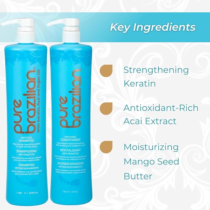 Pure Brazilian Anti-Frizz Daily Shampoo & Conditioner, Salt-Free & Color Safe, Enriched with Keratin, Argan Oil & Acai, 1 Liter (33.8 Fl Oz)