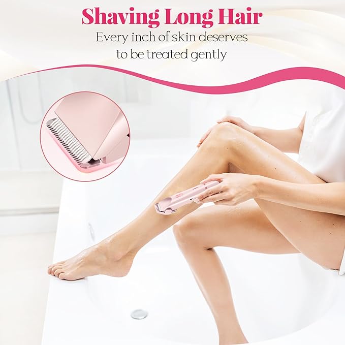 Bikini Trimmer for Women, 2-in-1 Painless Electric Razor with Ceramic Blade, Cordless for Sensitive Skin, Waterproof Dual Head Shaver Women for Facial and Body (Pink)