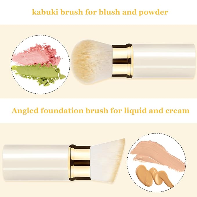 Keriloo Makeup Brush, Retractable 2 Pack Travel Kabuki Powder Makeup Brush, Foundation Face Blush Brushes for Blending Liquid, Blush, Bronzer, Buffing, Sunscreen,Flawless Cosmetics