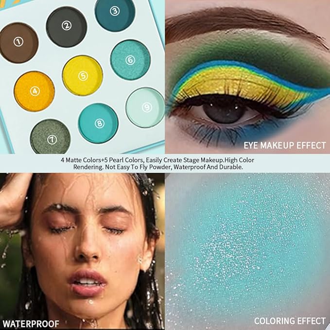 Matte Shimmer Glitter Eyeshadow Palette – High Pigment Teal, Yellow, Olive & Brown Shades, Long-Lasting Waterproof Blendable Bright Eye Makeup, Colorful Artistic Eyeshadow for Creative & Daily Looks