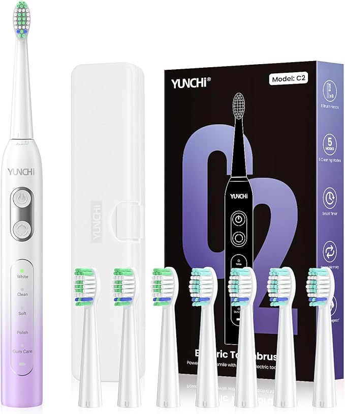YUNCHI Electric Toothbrush Birthday/Valentine Plastic 8 Heads 24-Mo Deep Cleans Gentle Gums Removes Stains 3Hr USB-C 90d 2-Min Timer/30s IPX7 - Purple