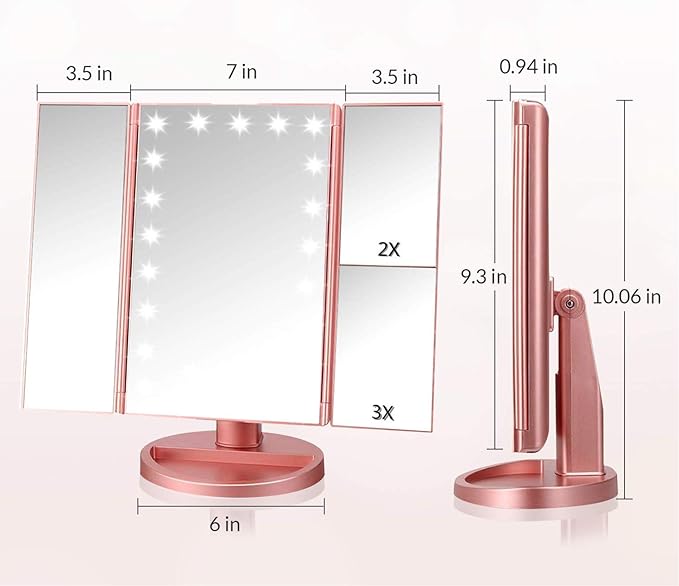 Trifold Makeup Mirror Vanity Mirror with Lights,1X 2X 3X Magnification,Touch Control,Adjustable Rotation,Dual Power Supply,Portable Travel Cosmetic Mirror,Birthday Gifts for Women,Teengirls