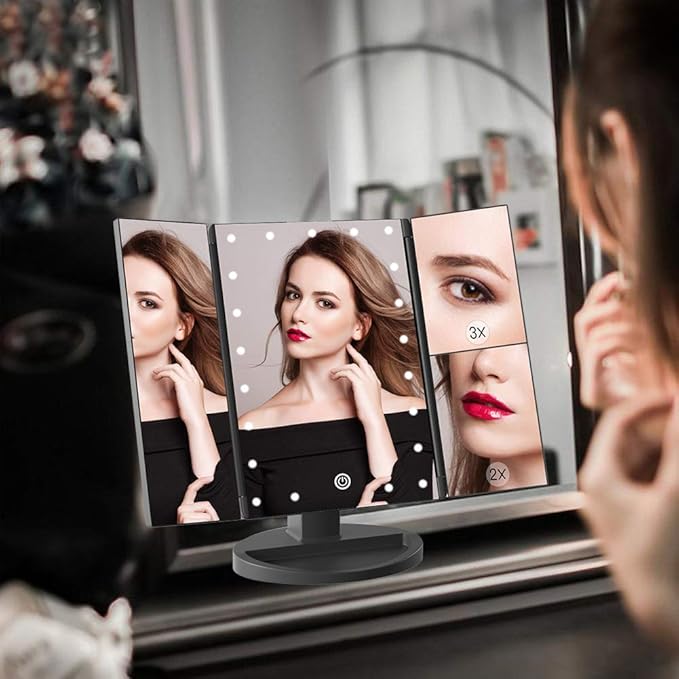 WEILY Makeup Mirror with 21 LED Lights,Two Power Supply Modes, Adjustable Touch Screen and 1x/2x/3x Magnification Tri-Fold Vanity Mirror,Chargeable Travel Cosmetic Mirror for Desktop (Black)