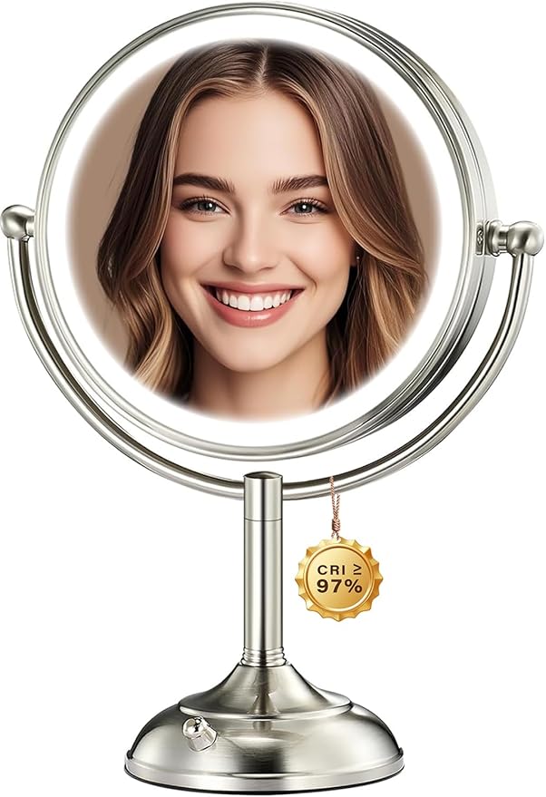 VESAUR 2026 Upgraded 9" Lighted Makeup Mirror, 5000mAh Rechargeable 1X/10X/20X HD Magnifying Mirror with 3 Lights Colors, Brightness Adjustable, 360° Rotation Seamless Vanity Mirror, Nickel, Gift Box