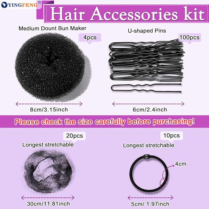 YINGFENG 134 Pcs Black Hair Bun Maker Kit Medium - 4 Bun Hair Pieces for Women, 20 Hair Net for Buns, 100 Bobby Pins for Women, 10 Hair Bands, for Ballet Styling, Hair Accessories for Girls