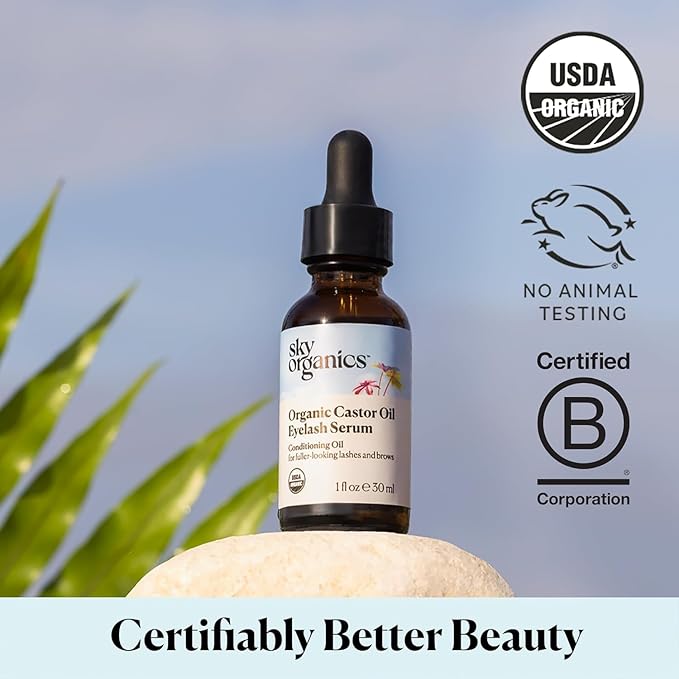 Sky Organics Pure Cold-Pressed Castor Conditioning Oil, Hexane-Free Nourishing Formula for Delicate Eyelash & Brow Serum, 1 fl oz / 30 ml.