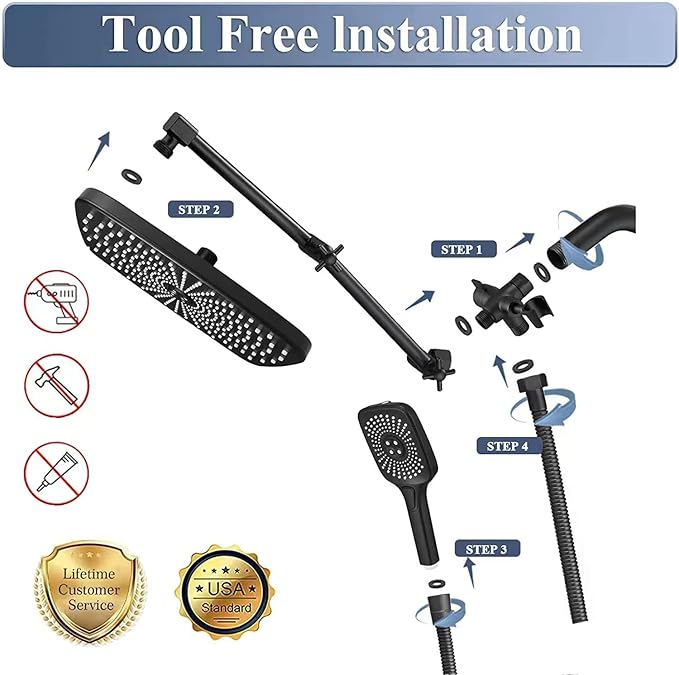 Jcrob High Pressure Rain Shower Head with Handheld Spray Combo, 12 Inch Rainfall Shower Heads with Adjustable Extention Arm, Wide Dual Waterfall Showerhead with 3-Way Diverter(Matte Black)