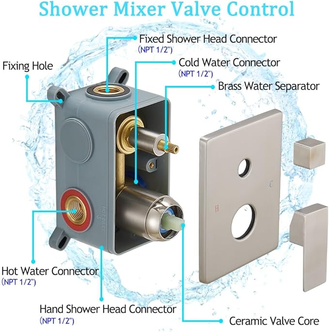 annazom Shower Faucet Combo Set with Shower Spray Wand Large 12 Inch Shower Head Brushed Nickel Surface High Pressure with Rough-in Valve, Brushed Nickel