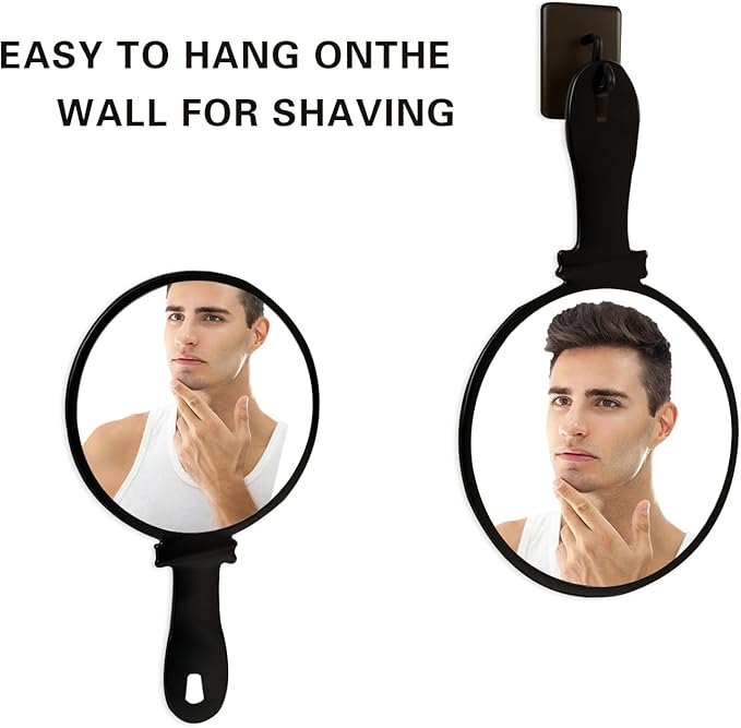 2 Pcs Hand Held Mirror with Handle for Makeup,Small Cute Hand Mirror for Shaving with Hole Hanging Single-Sided Portable Travel Vanity Mirror Gift for Mens & Women (Black, 5.91" Lx 7.87" W)