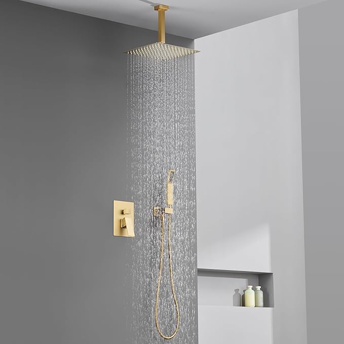 Artiqua Shower System 12 Inches Rain Shower Combo Set Brushed Gold Ceiling Mount Shower Faucet Bathroom Faucets with Rainfall Shower Head and Hand Shower