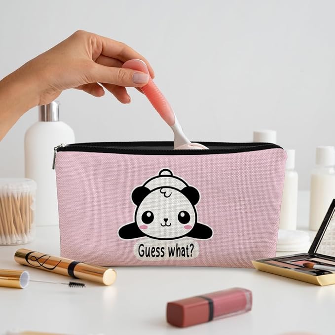 BARPERY Panda Gifts Pink Makeup Bag, Cute Baby Panda Guess What It's Pug Butt Cosmetic Bag, Travel Toiletry Bag for Daughter, Canvas Zipper Pouch