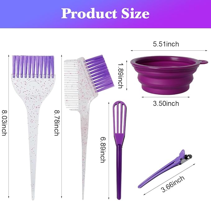 Hair Dye Color Brush and Bowl Set, Color Bowl Brushes Tool Mixing Bowl Kit Tint Comb for Hair Tint Dying Coloring Applicator (Purple&Clear)