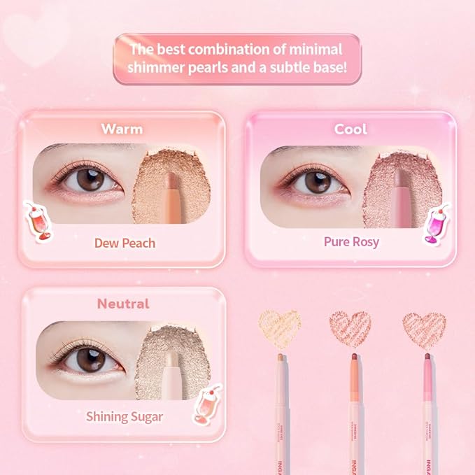 INGA Shine Eyes Stick Shadow - Creamy Shimmer Eyeshadow, Smudge-Proof, Easy-to-Blend, Long-Lasting Eye Makeup Stick with Precise Tip for Easy Application (Dew Peach)