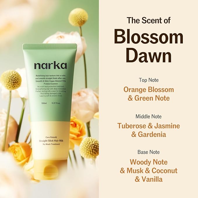 NARKA Leave-In Conditioner Hair Milk – Heat Protectant 392°F (200°C), Anti-Frizz Smoothing Cream, Split End Repair, Lightweight Non-Greasy Hydrating Hair Serum (150ml / 5.07 fl oz.)