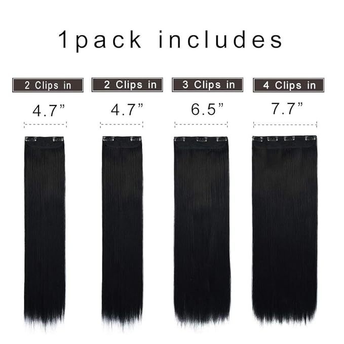 REECHO 24" Straight Long 4 PCS Set Thick Clip in on Hair Extensions Natural Black