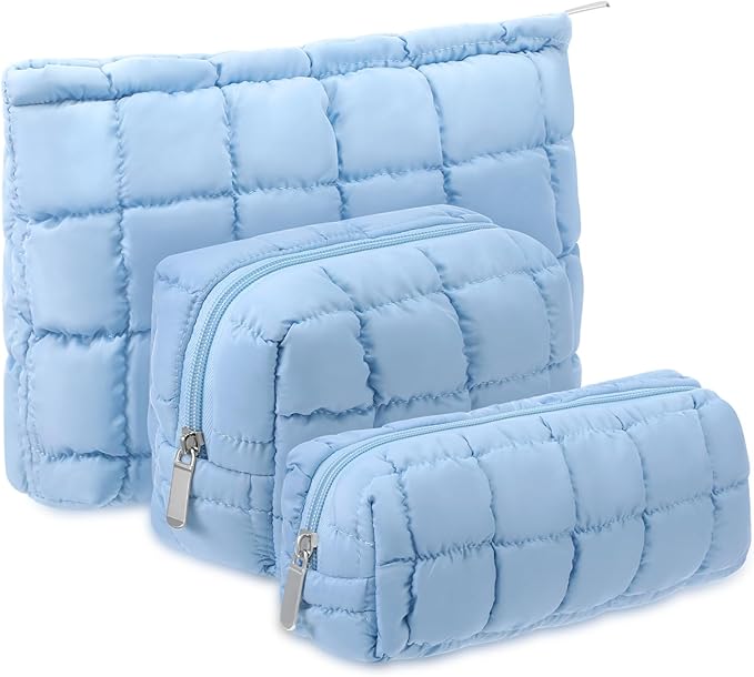 Huhumy 3 Pcs Puffy Makeup Bag Quilted Cosmetic Pouch for Women Cute Checkered Travel Toiletry Bag Puffer Makeup Organizer Purse Pouch Preppy Pencil Case with Zipper
