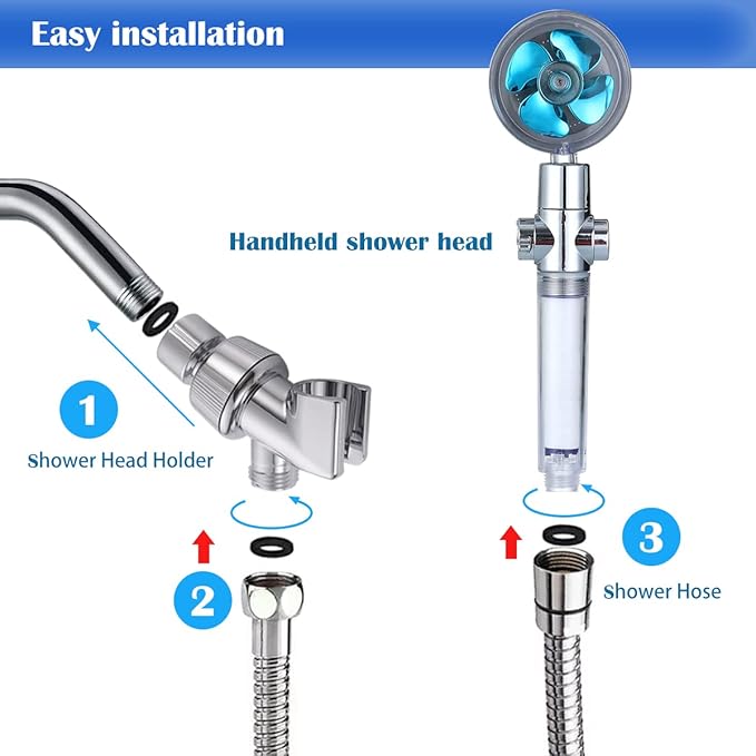 CWPW High Pressure Shower Heads, Handheld Turbo Fan Shower, Hydro Jet Shower Head with 79 Inch Hose,Bracket,Cotton Filters and Bath Loofah, One Key Pause Switch 360 Degrees Rotating (Blue with hose)