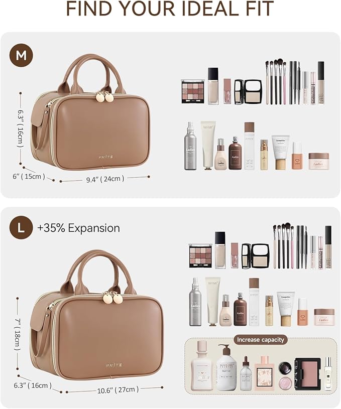 Prite Travel Makeup Bag Women’s Large Capacity Waterproof Cosmetic Organizer Portable Open Flat Toiletry Case with Free-standing Brush Holder and Handle(Brown Large)