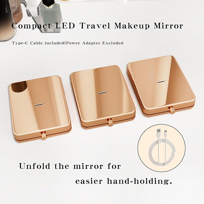 Compact Makeup Mirror with Lights, Rechargeable Dimmable 3 Color Lighting 3X Magnification LED Mirror for Pocket, Purse, Travel Portable Folding Hand, Gifts for Wife I Love You Wife Rose Gold (Wife)