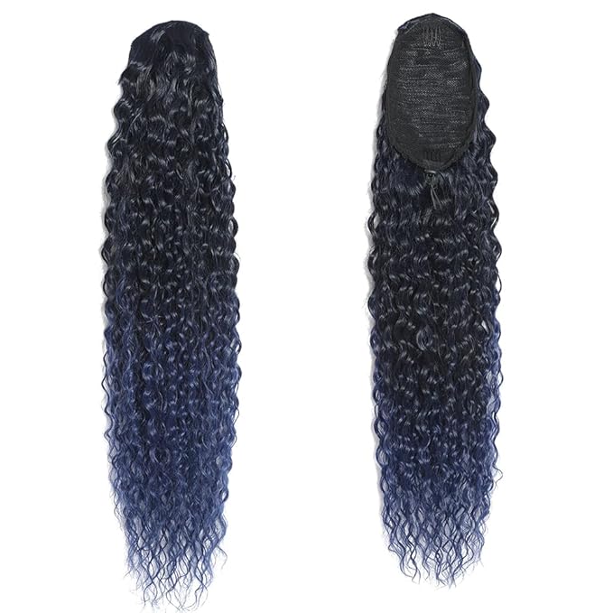 Deep Wave Ponytail Extension for Women 24 Inch Curly Wavy Ponytail Hair Extensions Drawstring Ponytail with Clips Long Synthetic Hairpiece for Daily and Party (1B/Dark Blue&1B/Red)