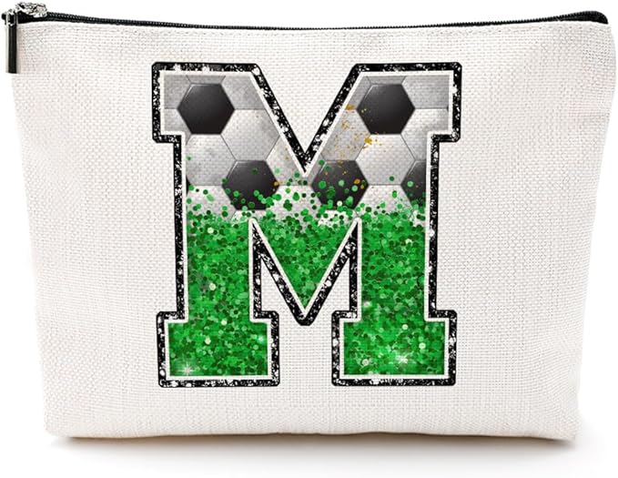 CQM Soccer Gifts Initial Makeup Bag Monogrammed Cosmetic Bag Letter M Zipper Pouch Soccer Accessories for Girls Women Player Coaches Friend Stuff Graduation Birthday Gifts