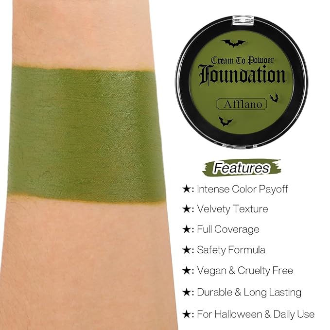 Green Face Paint Foundation Witch Wicked Makeup, Waterproof High Pigment Face Paint Concealer, Smooth Texture Greasepaint, Matte Goth Face Paint for Witch Costume Makeup Halloween St. Patrick's Day