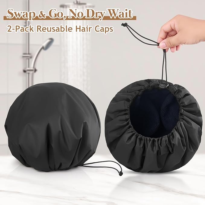 2 Pcs 15" XL Extra Large Terry Lined Shower Cap, Adjustable Dual Waterproof Shower Cap for Women Reusable Soft Hair Cap Bath Cap for Long Braids, Thick Hair, Locs, Curly Hair