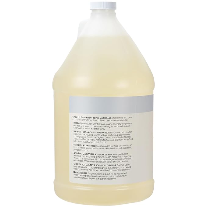 Ginger Lily Farms Botanicals Pure Castile Liquid Soap Refill, Fragrance-Free, 1 Gallon, All-Purpose Cleaner for Body, Face, Hair, Dishes, Laundry & Pets, Non-GMO, 100% Vegan & Cruelty-Free