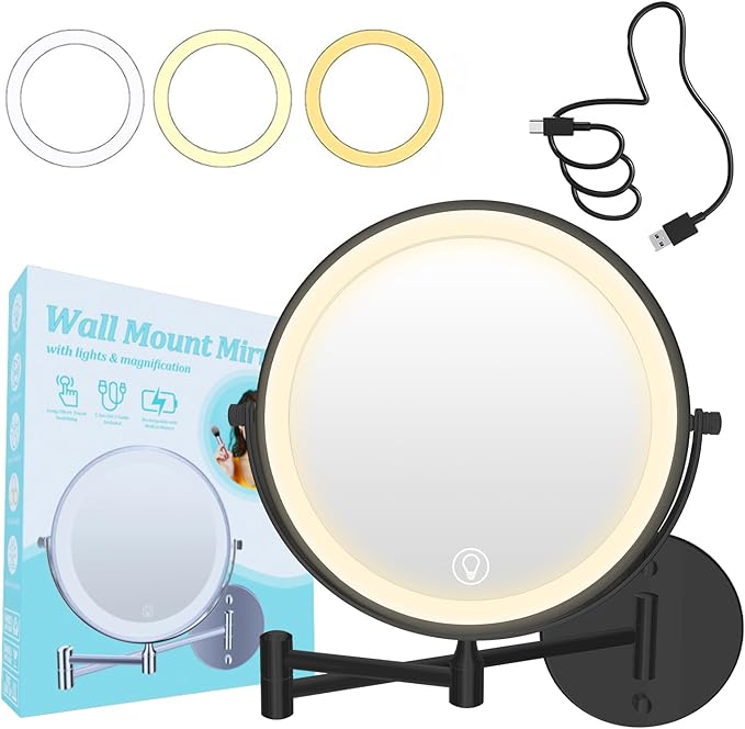 9inch Wall Mounted Makeup Mirror with Lights, 1x/20x 5000mAh Rechargeable Magnifying Mirror with Light, 360° Rotate Bathroom Mirror with Lights, 3 Color, 80 LEDs, Stepless Dimmable